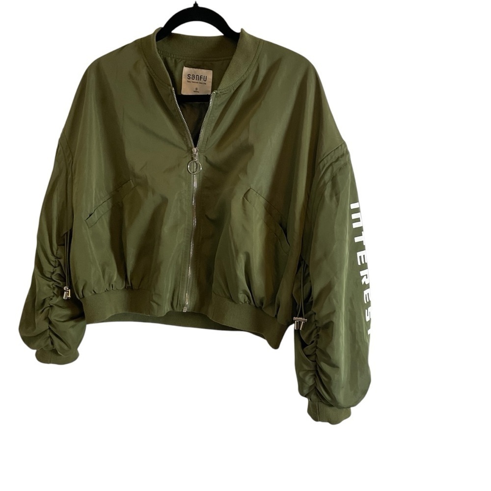 Sanfu Olive Green Cropped Bomber Jacket – Ruched Toggle Sleeves – Size S - Picture 2 of 12